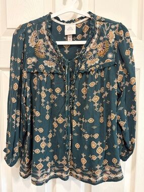 Knox Rose Teal Floral Peasant Tie-Front Blouse